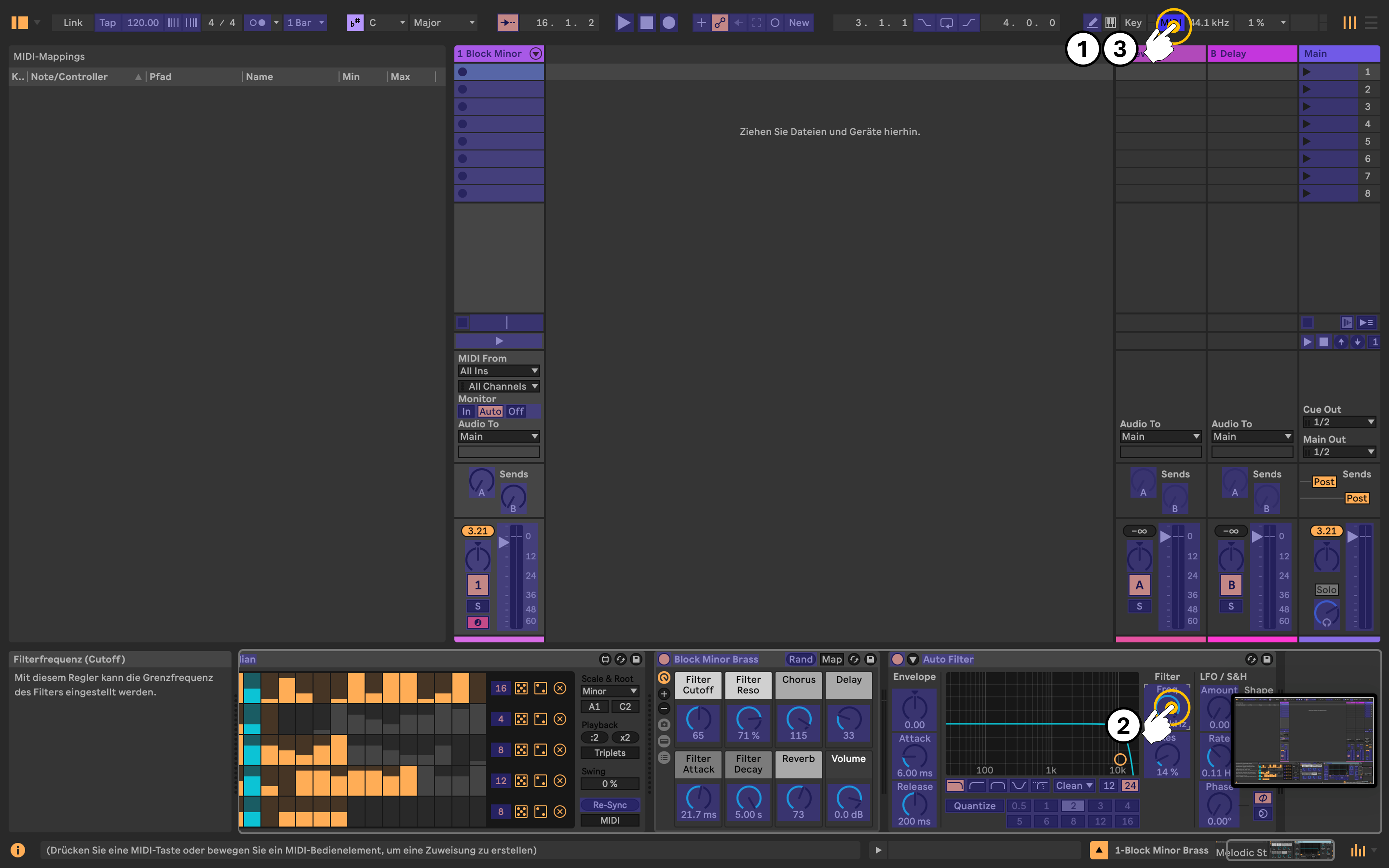 Schritt 5: In die DAW (hier: Ableton) wechseln, MIDI-Learn-Modus aktivieren (1), Parameter auswählen, dem eine Geste zugeordnet werden soll, und die Geste einmal ausführen (2) und abschließend den MIDI-Learn-Modus wieder deaktivieren (3). Vergessen Sie anschließend nicht, die anderen MIDI-Outputs in Glover wieder zu aktivieren.
