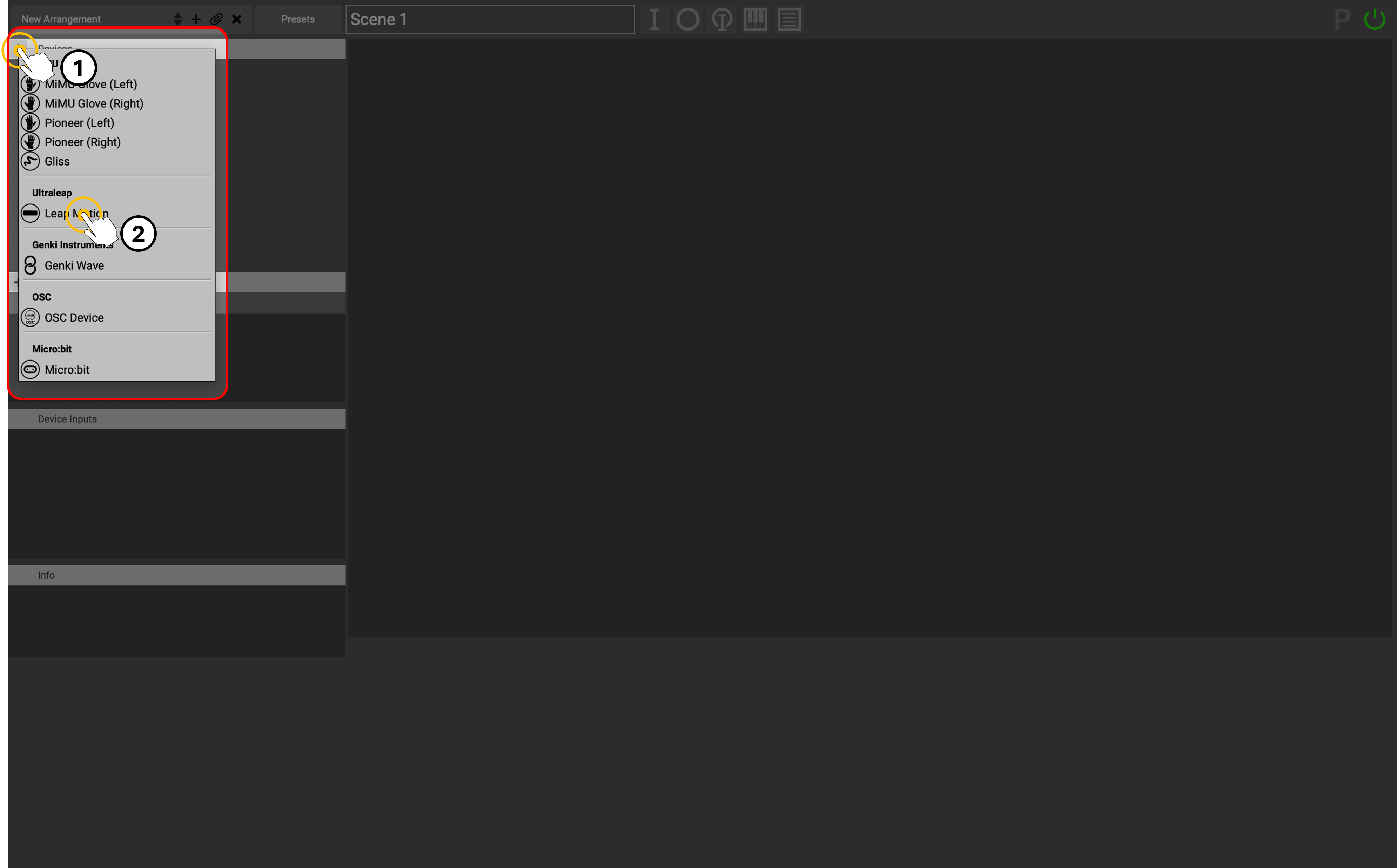 Öffnen Sie anschließend Glover und fügen Sie den Leap-Motion-Controller hinzu.