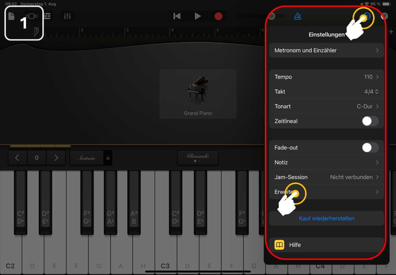 In einem GarageBand-Projekt (am besten bei einem ausgewählten Instrument) die Einstellungen öffnen und “Erweitert” auswählen.
